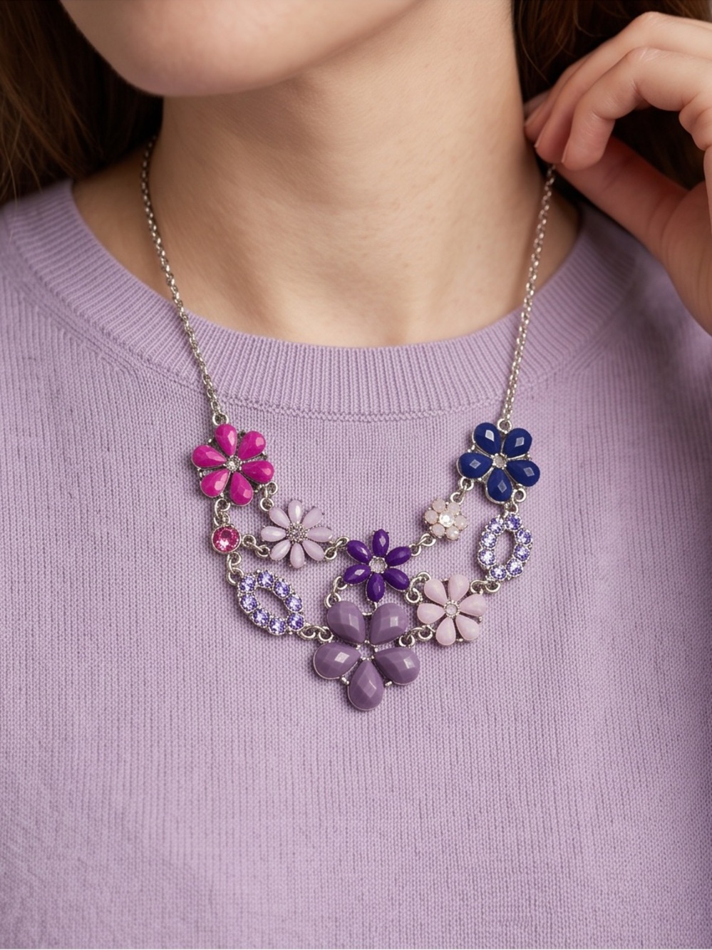Purple, Blue And Pink Floral Statement Collar Style Necklace